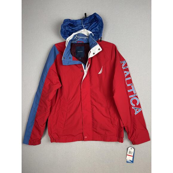 Nautica Jacket Mens XS Red Blue Water Resistant Performance Hooded Fall Spellout - Picture 1 of 16